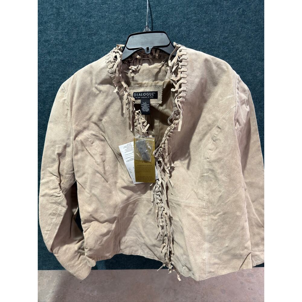 Dialogue QVC 100% Leather Washable Suede Fringe Jacket Women's L Tan NWT